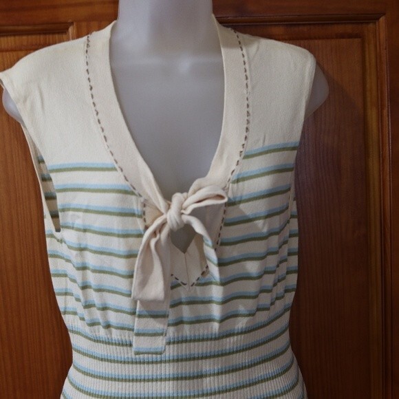 Nanette Lepore Cream Green Blue Stripe Sleeveless Bow Top Large Soft Chic Style - Picture 2 of 16